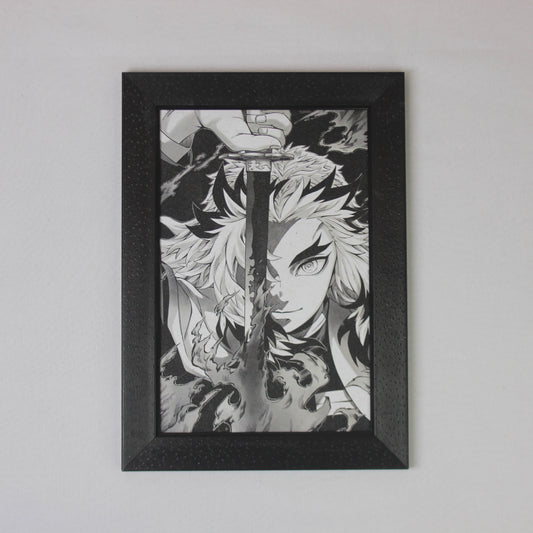 Flame Blade Warrior – Monochrome Anime Wall Frame
