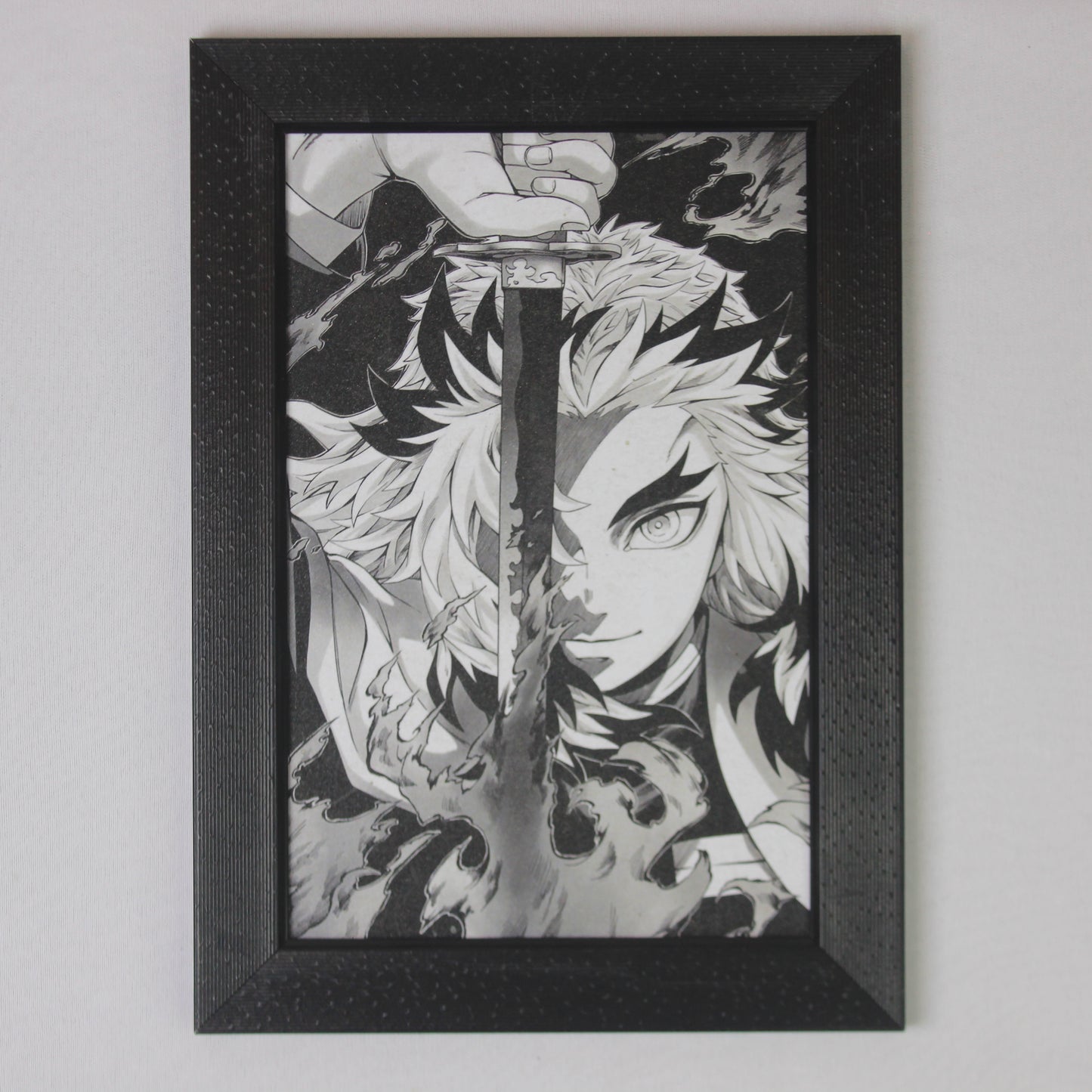 Flame Blade Warrior – Monochrome Anime Wall Frame