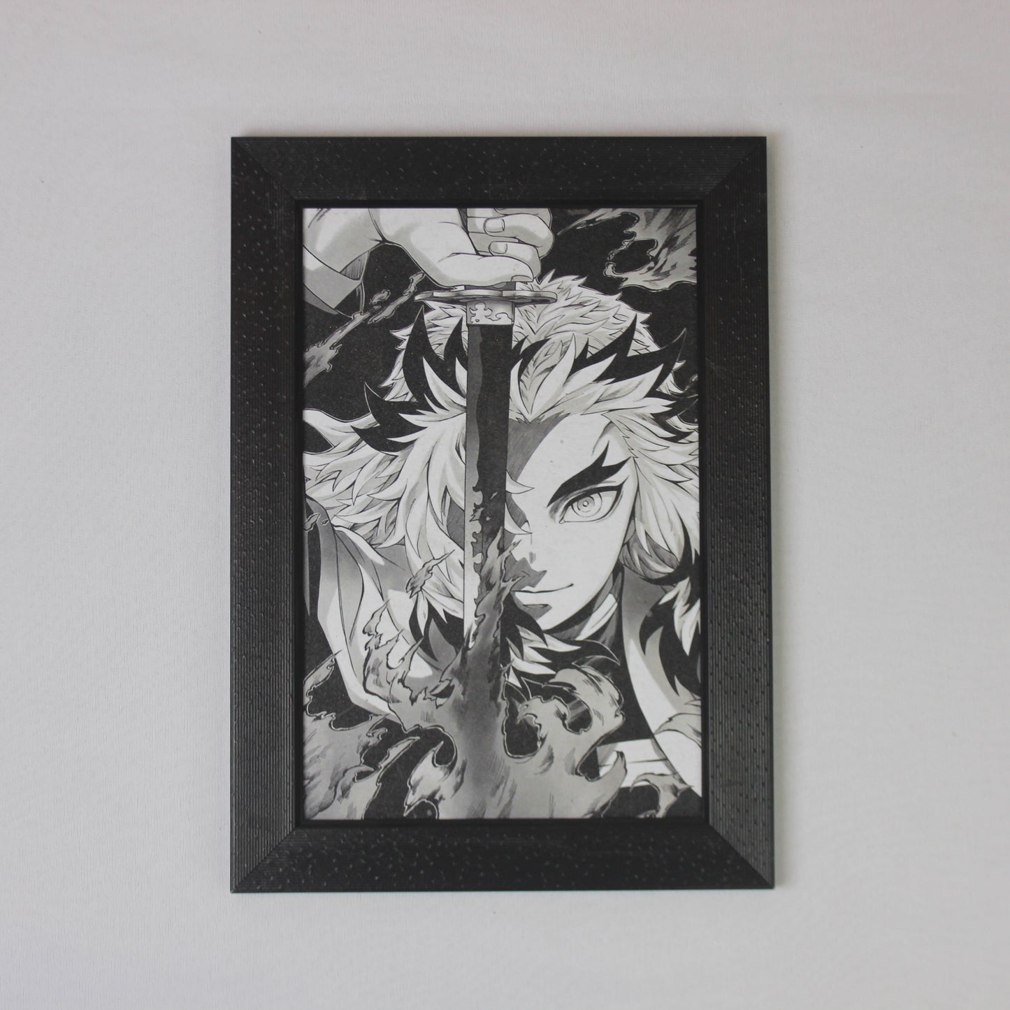 Flame Blade Warrior – Monochrome Anime Wall Frame